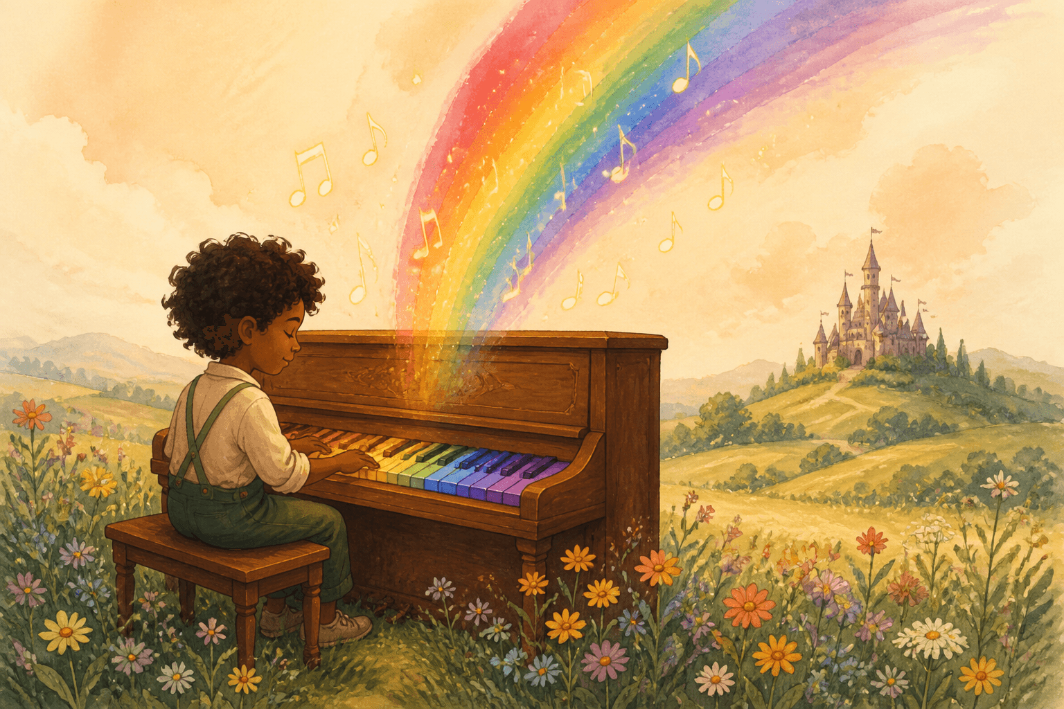 A child playing a rainbow piano under a watercolor rainbow